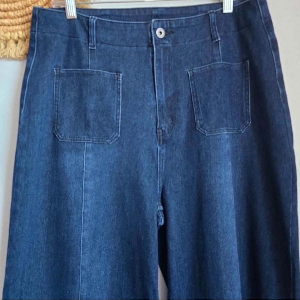 HALARA FLex High Waist Pocket Dark Wash Wide Leg Soft Stretch Jeans SZ Large 70s - Picture 3 of 10